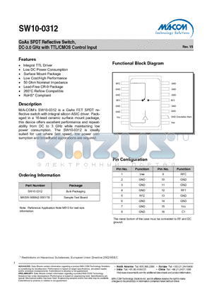 SW10-0312 datasheet - GaAs SPDT Reflective Switch, DC-3.0 GHz with TTL/CMOS Control Input