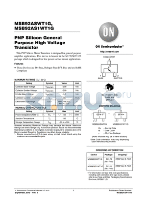 MSB92ASWT1G datasheet - PNP Silicon General Purpose High Voltage Transistor