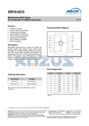 SW10-0313 datasheet - Matched GaAs SPDT Switch, DC-3.0 GHz with TTL/CMOS Control Input