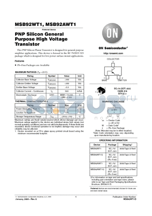 MSB92WT1G datasheet - PNP Silicon General Purpose High Voltage Transistor