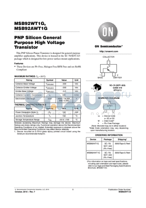 MSB92WT1G datasheet - PNP Silicon General Purpose High Voltage Transistor
