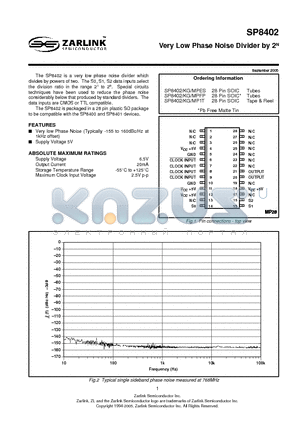 SP8402MP1T datasheet - Very Low Phase Noise Divider by 2N