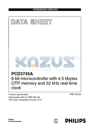 PCD3745 datasheet - 8-bit microcontroller with 4.5 kbytes OTP memory and 32 kHz real-time clock