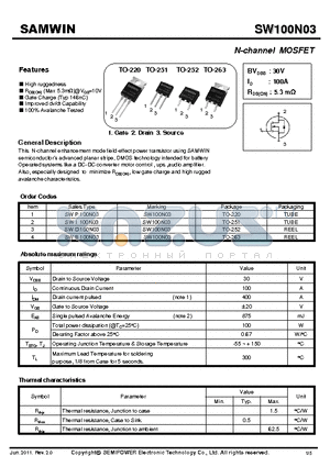 SW100N03 datasheet - N-channel MOSFET