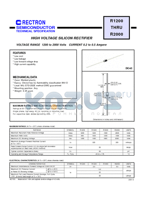 R1200 datasheet - HIGH VOLTAGE SILICON RECTIFIER (VOLTAGE RANGE 1200 to 2000 Volts CURRENT 0.2 to 0.5 Ampere)