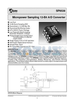 SP8538AS datasheet - Micropower Sampling 12-Bit A/D Converter