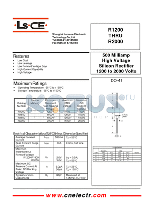 R1200 datasheet - 500Milliamp high voltage silicon rectifier 1200 to 2000 volts