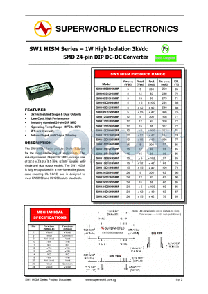 SW105S12HISMF datasheet - 1W High Isolation 3kVdc SMD 24-pin DIP DC-DC Converter