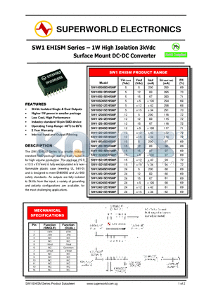 SW105S15EHISMF datasheet - 1W High Isolation 3kVdc Surface Mount DC-DC Converter