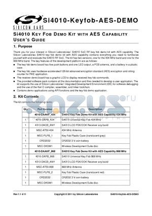 MSC-AT50-434 datasheet - Si4010 KEY FOB DEMO KIT WITH AES CAPABILITY