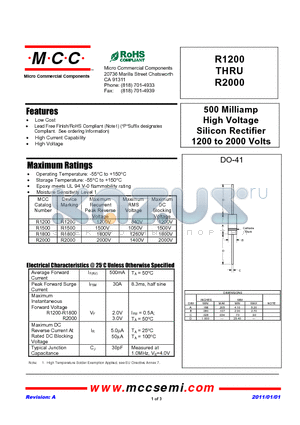 R1200 datasheet - 500 Milliamp High Voltage Silicon Rectifier 1200 to 2000 Volts