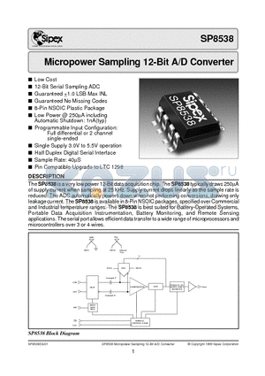 SP8538 datasheet - Micropower Sampling 12-Bit A/D Converter