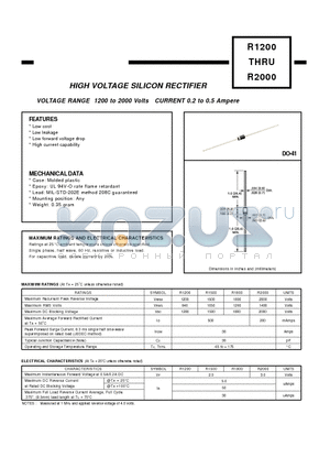 R1200 datasheet - VOLTAGE RANGE 1200 to 2000 Volts CURRENT 0.2 to 0.5 Ampere