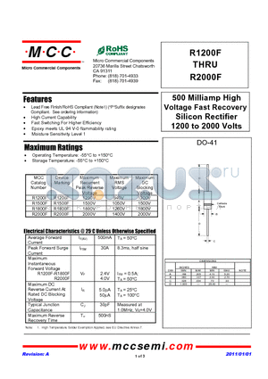 R1200F datasheet - 500 Milliamp High Voltage Fast Recovery Silicon Rectifier 1200 to 2000 Volts