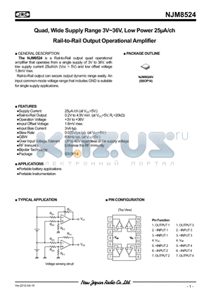 NJM8524 datasheet - Quad, Wide Supply Range 3V~36V, Low Power 25lA/ch Rail-to-Rail Output Operational Amplifier