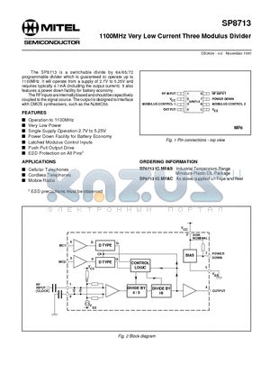 SP8713 datasheet - 1100MHz Very Low Current Three Modulus Divider