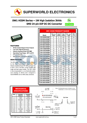 SW115S12HISMF datasheet - 1W High Isolation 3kVdc SMD 24-pin DIP DC-DC Converter