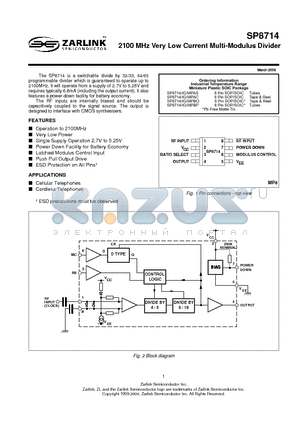 SP8714IG datasheet - 2100 MHz Very Low Current Multi-Modulus Divider