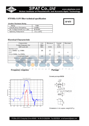 SP875 datasheet - SAW filter technical specification
