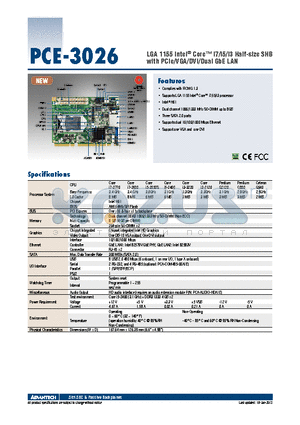 PCE-3026G2-00A1E datasheet - LGA 1155 Intel^ Core i7/i5/i3 Half-size SHB with PCIe/VGA/DVI/Dual GbE LAN