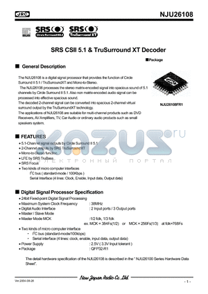 NJU26108FR1 datasheet - SRS CSII 5.1 AND TruSurround XT Decoder