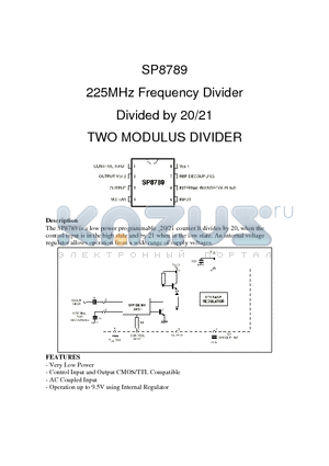 SP8789 datasheet - 225MHz Frequency Divider Divided by 20/21 TWO MODULUS DIVIDER