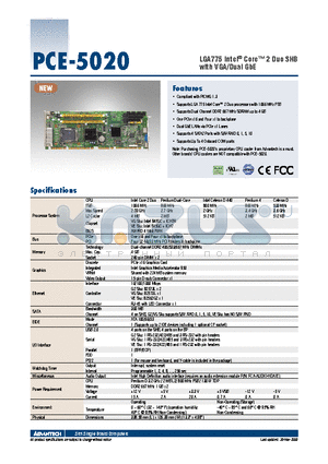 PCE-5020 datasheet - LGA775 Intel^ Core 2 Duo SHB with VGA/Dual GbE