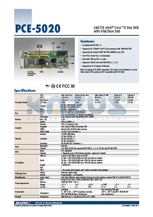 PCE-5020G2-00A1E datasheet - LGA775 Intel^ Core2 Duo SHB with VGA/Dual GbE