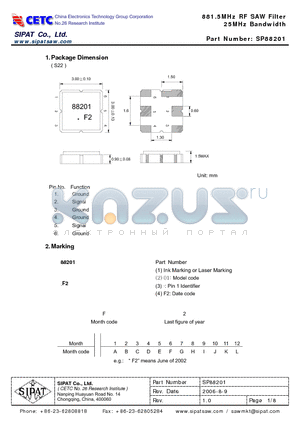 SP88201 datasheet - 881.5MHz RF SAW Filter 25MHz Bandwidth