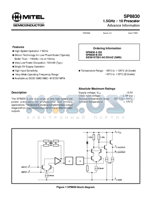 SP8830 datasheet - 1.5GHz  10 Prescaler