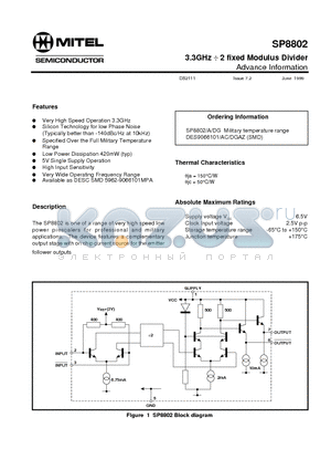 SP8802 datasheet - 3.3GHz  2 fixed Modulus Divider