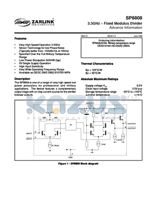 SP8808/A/DG datasheet - 3.3GHz  Fixed Modulus Divider