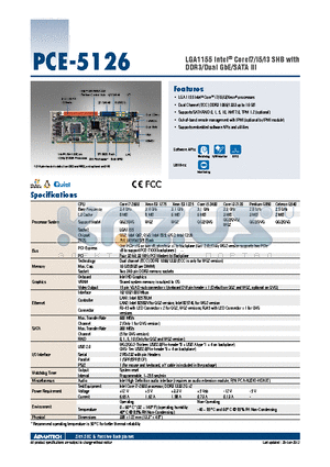 PCE-5126QG2-00A1E datasheet - LGA1155 Intel^ Corei7/i5/i3 SHB with DDR3/Dual GbE/SATA III