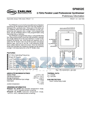 SP8852E datasheet - 2g7GHz Parallel Load Professional Synthesiser