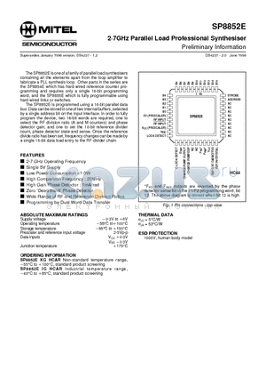 SP8852EKGHCAR datasheet - 2g7GHz Parallel Load Professional Synthesiser