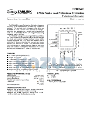 SP8852EKGHCAR datasheet - 2g7GHz Parallel Load Professional Synthesiser