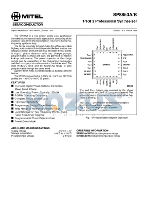 SP8853 datasheet - 1g3GHz Professional Synthesiser