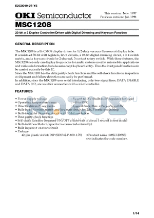 MSC1208 datasheet - 23-bit x 2 Duplex Controller/Driver with Digital Dimming and Keyscan Function