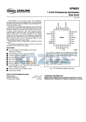 SP8853/A/DG datasheet - 1.3 GHz Professional Synthesiser