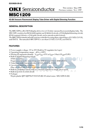 MSC1209 datasheet - 42-Bit Vacuum Fluorescent Display Tube Driver with Digital Dimming Function