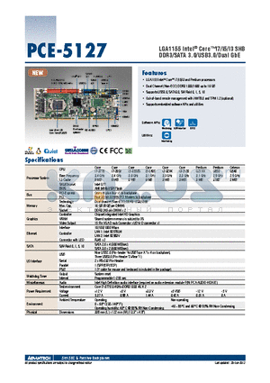 PCE-5127 datasheet - LGA1155 Intel^ Corei7/i5/i3 SHB DDR3/SATA 3.0/USB3.0/Dual GbE