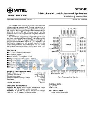 SP8854E datasheet - 2g7GHz Parallel Load Professional Synthesiser