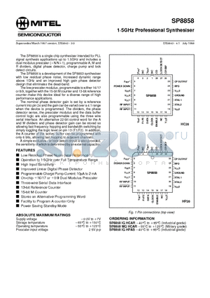 SP8858 datasheet - 1g5GHz Professional Synthesiser