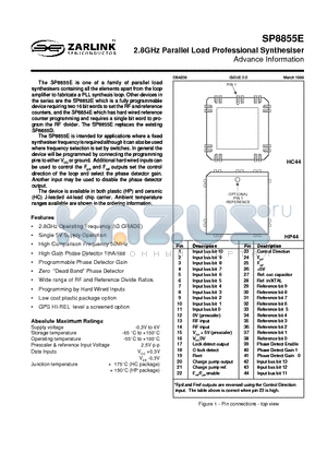 SP8855E datasheet - 2.8GHz Parallel Load Professional Synthesiser