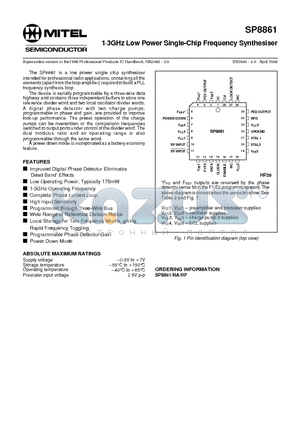 SP8861 datasheet - 1g3GHz Low Power Single-Chip Frequency Synthesiser