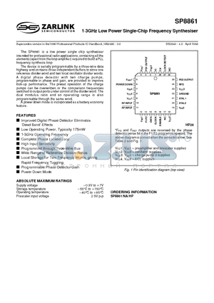 SP8861 datasheet - 1g3GHz Low Power Single-Chip Frequency Synthesiser