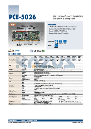 PCE-5026 datasheet - LGA1155 Intel^ Core i7/i5/i3 SHB DDR3/SATA 2.0/Single GbE
