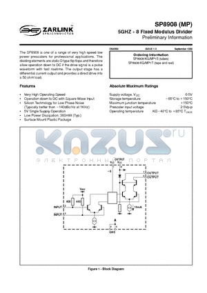 SP8908/KG/MP1S datasheet - 5GHZ  8 Fixed Modulus Divider