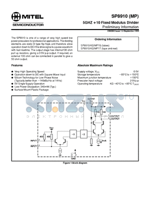 SP8910KGMP1S datasheet - 5GHZ 10 Fixed Modulus Divider