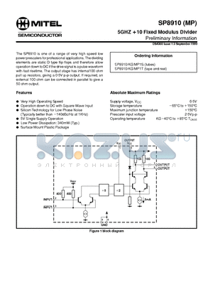 SP8910KG datasheet - 5GHZ 10 Fixed Modulus Divider